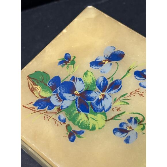 Vintage Alabaster Powder Box Vanity Item Blue Floral Stone Trinket Ring Box - Picture 2 of 9